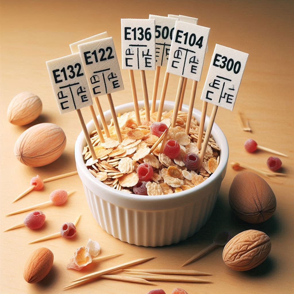 Müsli mit zahnstochern und Markierungen der E-Nummern E132, E124, E100, E111, E133, E143, E300 und E102.png