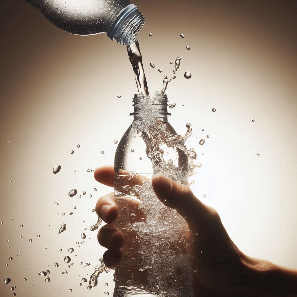 Wasser kommt aus einer Plastikflasche vor einem neutralen Hintergrund.png